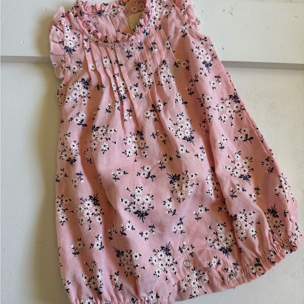 Pink and White Floral One Piece Bodysuit with Ruffled Neckline